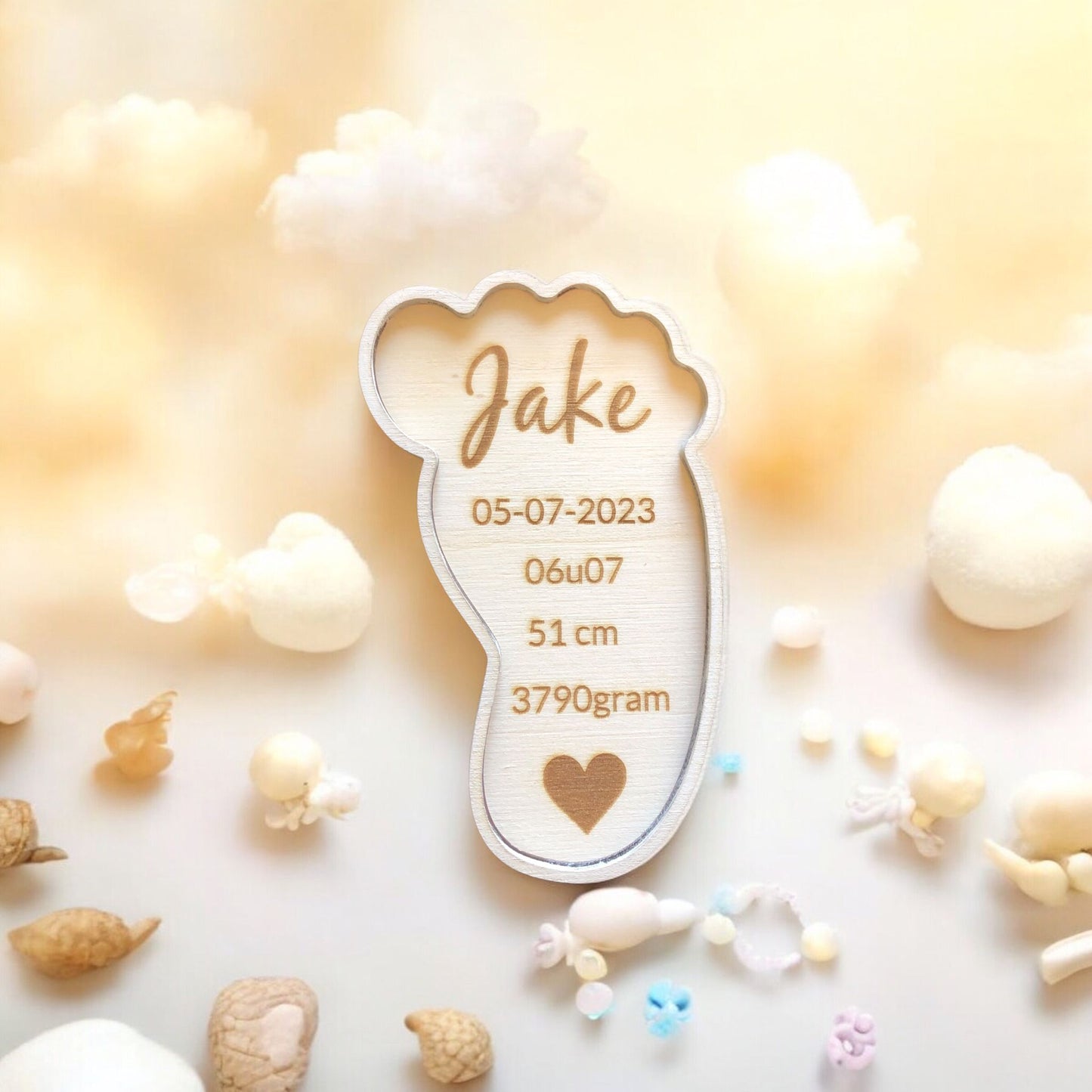 Houten voetje met geboorte details
